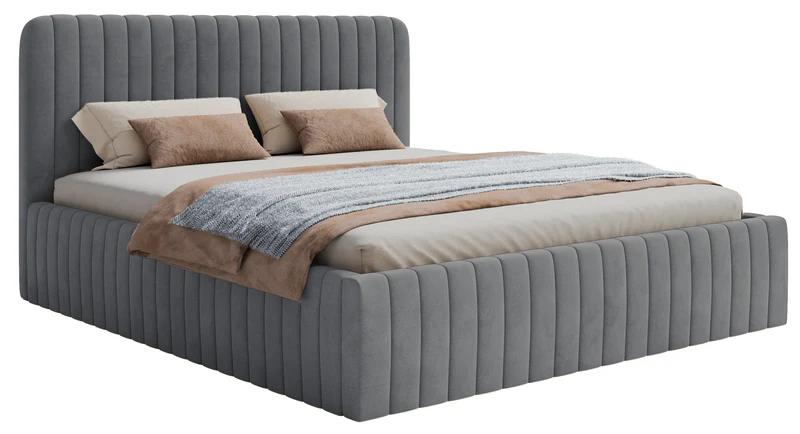 Gepolstertes Bett 180x200 cm Saliano mit Stauraum, blau-grauer hydrophober Samt