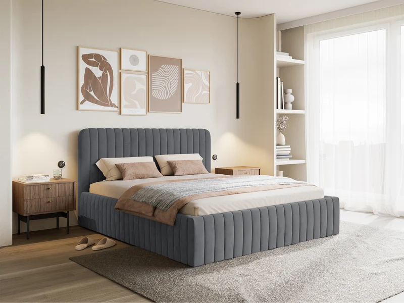 Gepolstertes Bett 180x200 cm Saliano mit Stauraum, blau-grauer hydrophober Samt