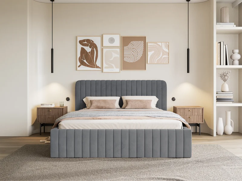 Gepolstertes Bett 180x200 cm Saliano mit Stauraum, blau-grauer hydrophober Samt