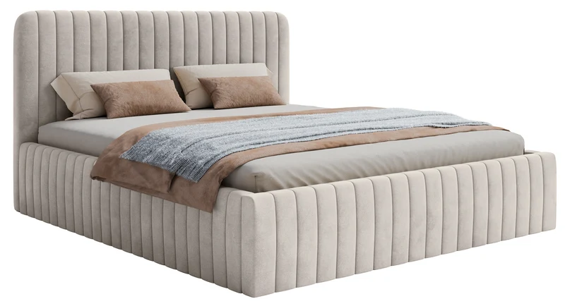 Polsterbett 140x200 cm Saliano mit Stauraum, grau-beiger hydrophober Samt