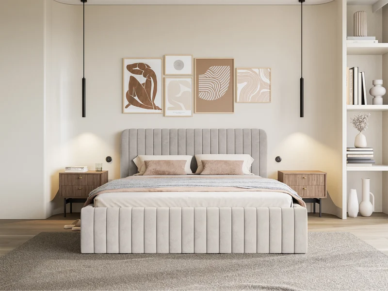 Polsterbett 140x200 cm Saliano mit Stauraum, grau-beiger hydrophober Samt