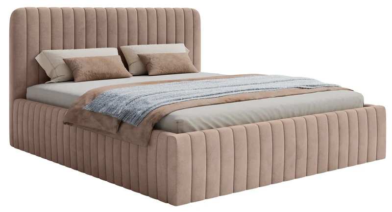 Bezogenes Bett 160x200 cm Saliano mit Stauraum, beige, wasserabweisender Samt