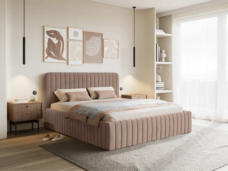 Bezogenes Bett 160x200 cm Saliano mit Stauraum, beige, wasserabweisender Samt