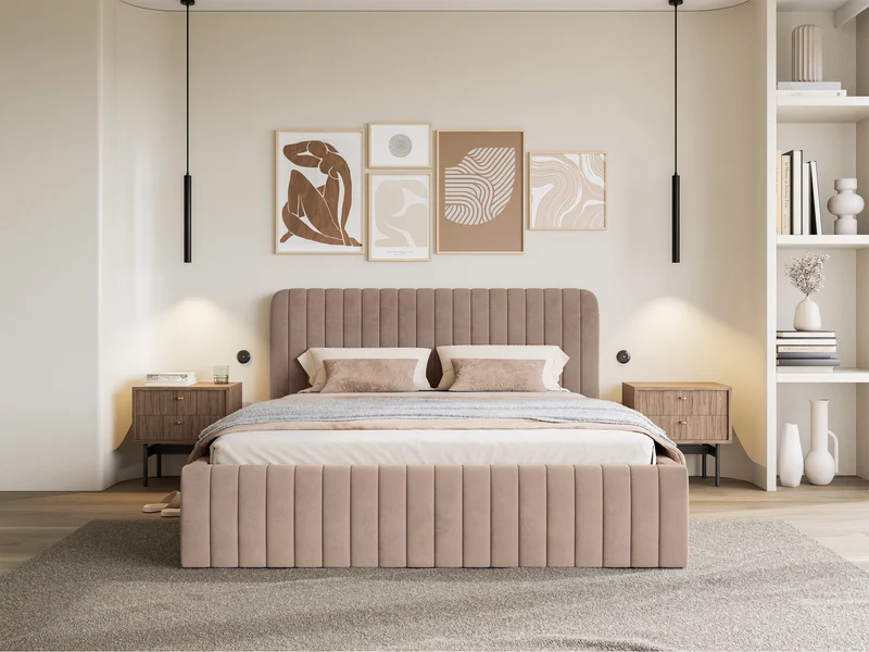 Bezogenes Bett 160x200 cm Saliano mit Stauraum, beige, wasserabweisender Samt