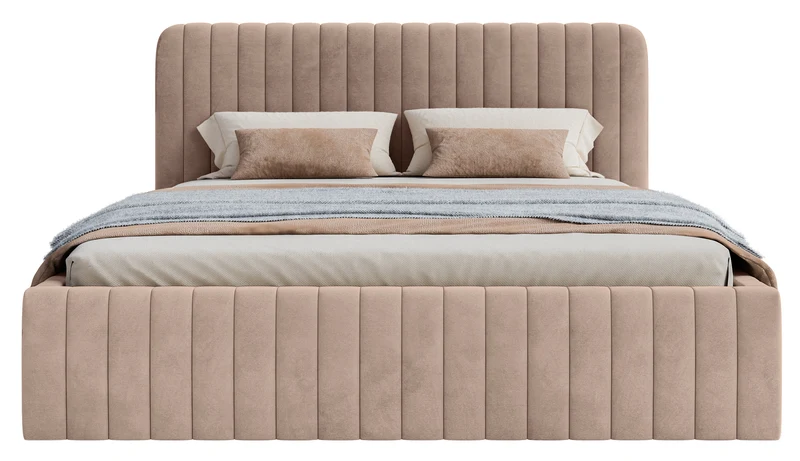 Bezogenes Bett 160x200 cm Saliano mit Stauraum, beige, wasserabweisender Samt