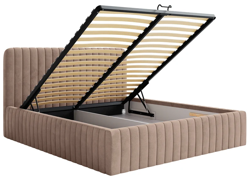 Bezogenes Bett 160x200 cm Saliano mit Stauraum, beige, wasserabweisender Samt