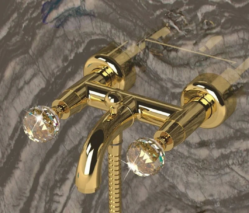 Casa Padrino Luxus Badewannen Armatur mit Handbrause und Schlauch Gold - Aufputz Wannenbatterie mit Swarovski Kristallglas - Luxus Bad Zubehör - Made in Italy