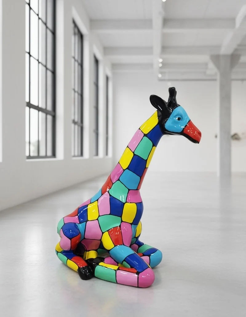Casa Padrino Luxus Deko Skulptur Giraffe Bunt Sitzend H. 80 cm - Deko Skulptur - Deko Figur - Tierfigur - Gartendeko
