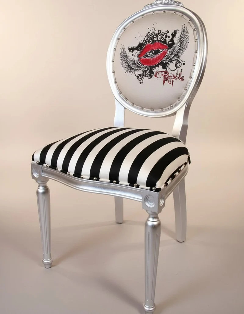 Pompöös by Casa Padrino Luxus Barock Esszimmerstühle Pink Lips Schwarz / Weiß Streifen / Silber - Pompööse Barock Stühle designed by Harald Glööckler - 4 Esszimmerstühle