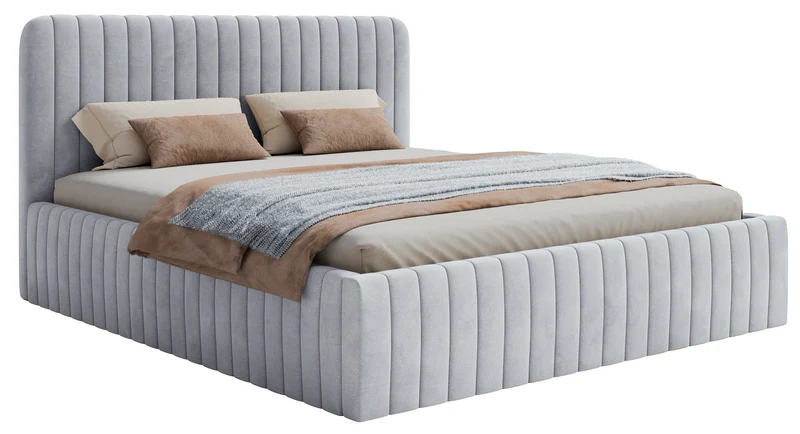 Polsterbett 140x200 cm Saliano mit Stauraum, taubenblauer Velours, wasserabweisend