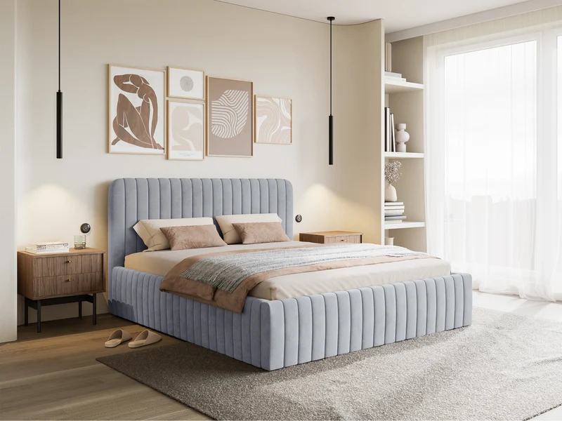 Polsterbett 140x200 cm Saliano mit Stauraum, taubenblauer Velours, wasserabweisend