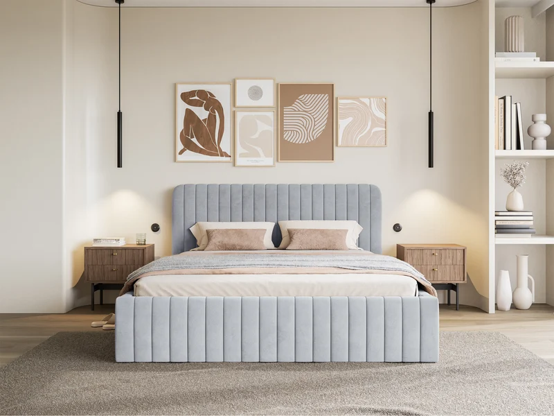 Polsterbett 140x200 cm Saliano mit Stauraum, taubenblauer Velours, wasserabweisend