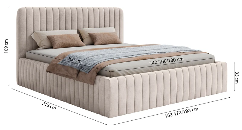 Polsterbett 160x200 cm Saliano mit Stauraum, taubenblauer Velours, wasserabweisend