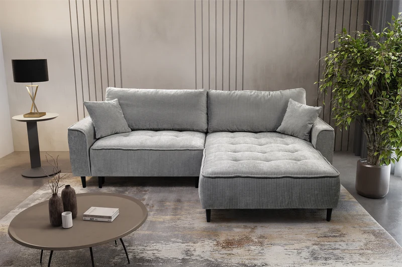Ecksofa mit Schlaffunktion Blues, L-förmig, rechtsseitig, mit Stauraum, grauer Cordstoff
