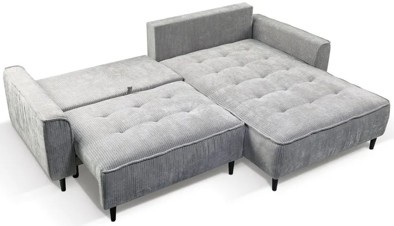 Ecksofa mit Schlaffunktion Blues, L-förmig, rechtsseitig, mit Stauraum, grauer Cordstoff