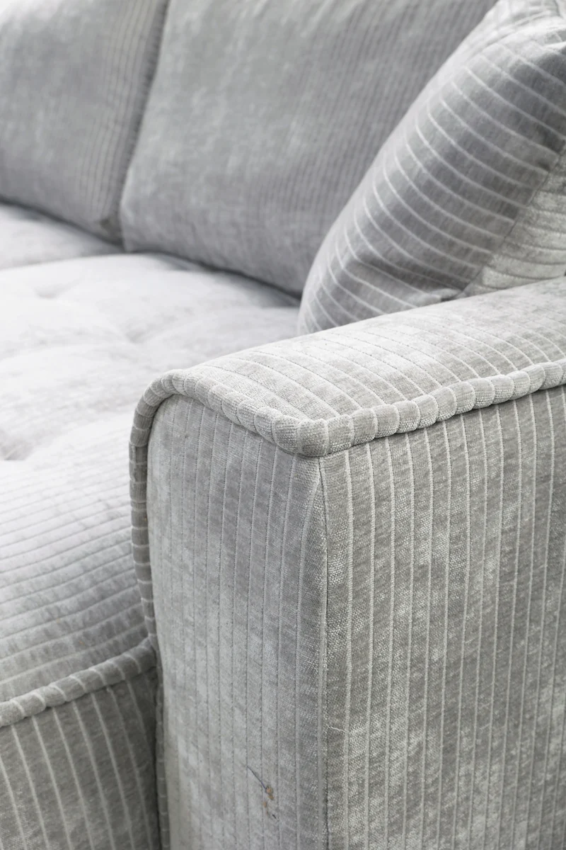 Ecksofa mit Schlaffunktion Blues, L-förmig, rechtsseitig, mit Stauraum, grauer Cordstoff