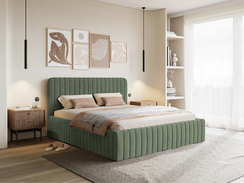 Polsterbett 140x200 cm Saliano mit Stauraum, eukalyptusfarbener Velours mit hydrophober Beschichtung