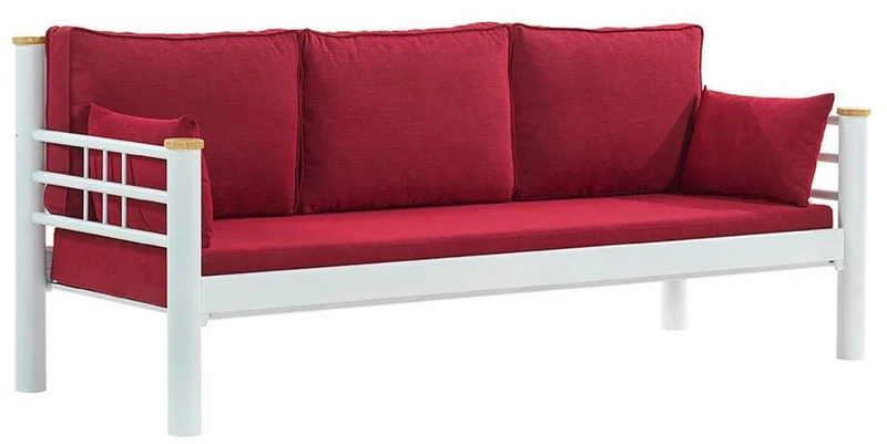 Casa Padrino Jugendstil Gartensofa Bordeauxrot / Weiß / Naturfarben 200 x 70 x H. 85 cm - Metall Garten Sofa mit Kissen - Terrassen Sofa - Garten Möbel - Terrassen Möbel - Jugendstil Möbel