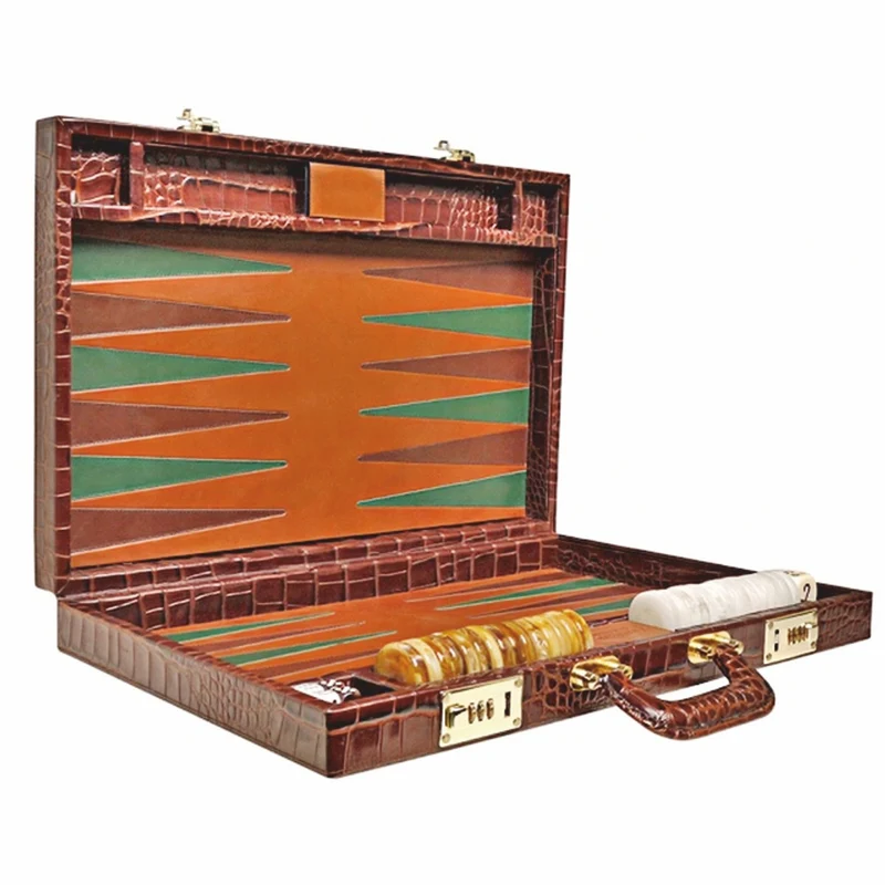 Casa Padrino Luxus Echtleder Backgammon Aktenkoffer Braun Kroko Optik - Luxus Accessoires