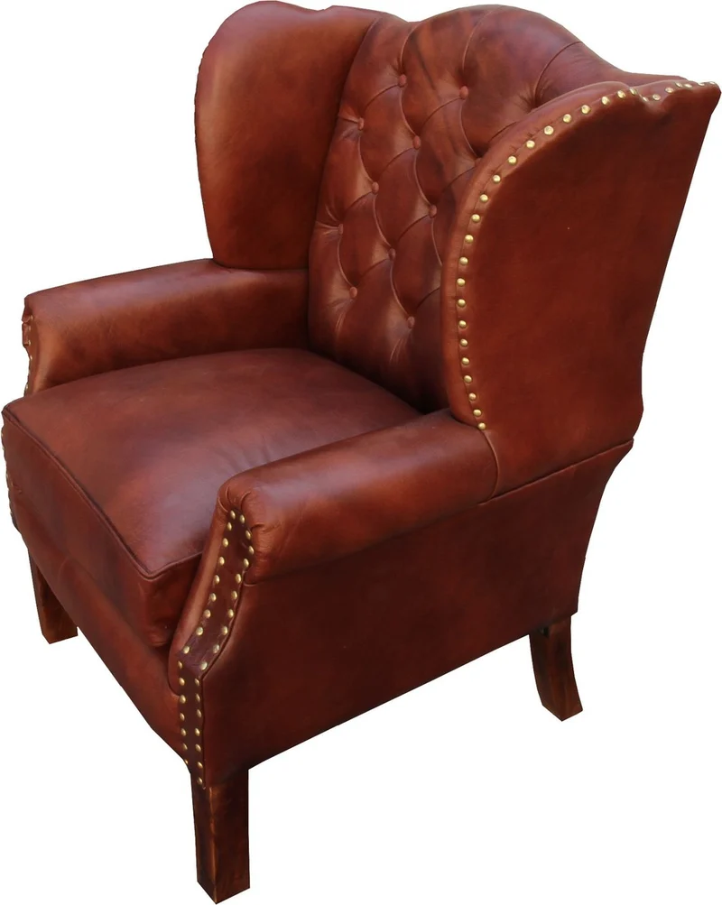 Casa Padrino Luxus Chesterfield Ohrensessel aus Echtleder in Braun und Gold 72 x 65 x H. 103 cm