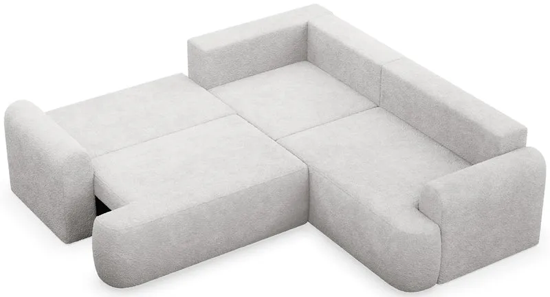 Ecksofa mit Schlaffunktion, universal L-förmig, hellgrauer Bouclé-Stoff, Modell Ovo