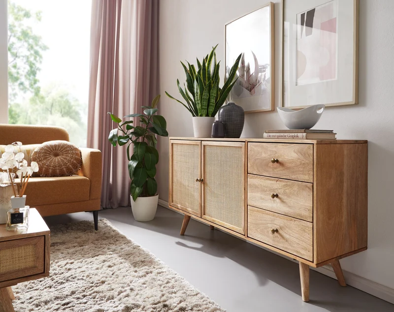 Sideboard 140x75x40cm Mango Massivholz Rattan 3 Schubladen 2 Türen