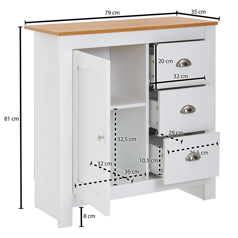 Sideboard 3 Schubladen 79x81x35cm Weiß Eiche Modern Wohnzimmer