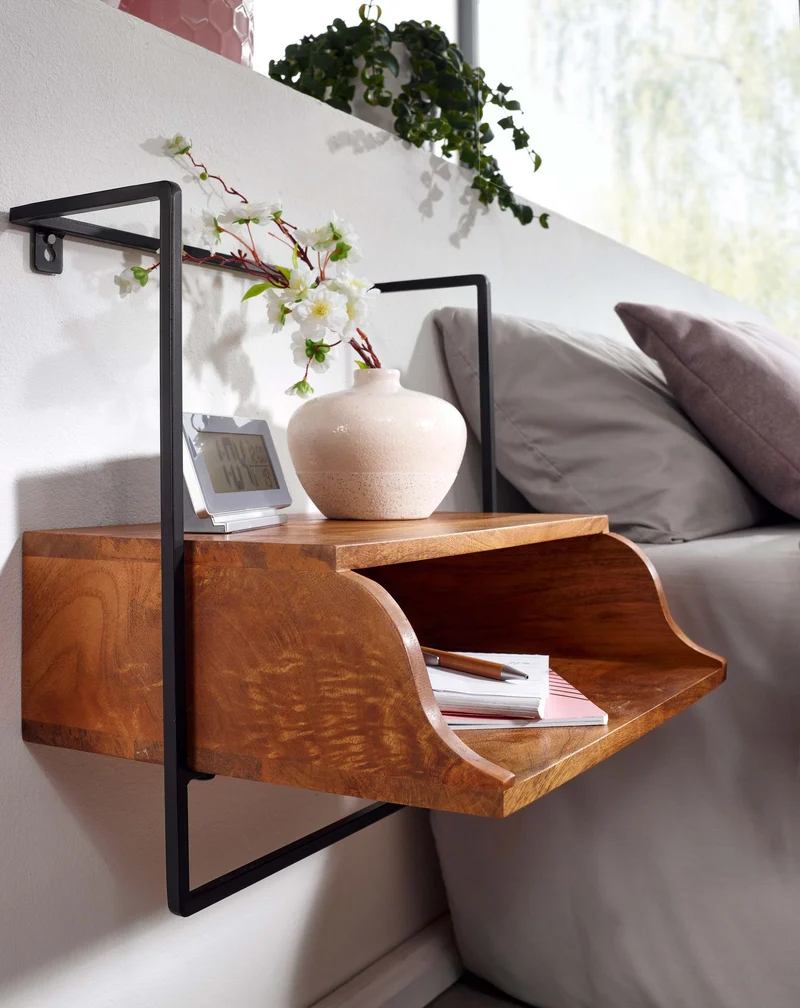 Nachtkonsole Wandmontage Mango Massivholz 44x45x35cm Schwebend