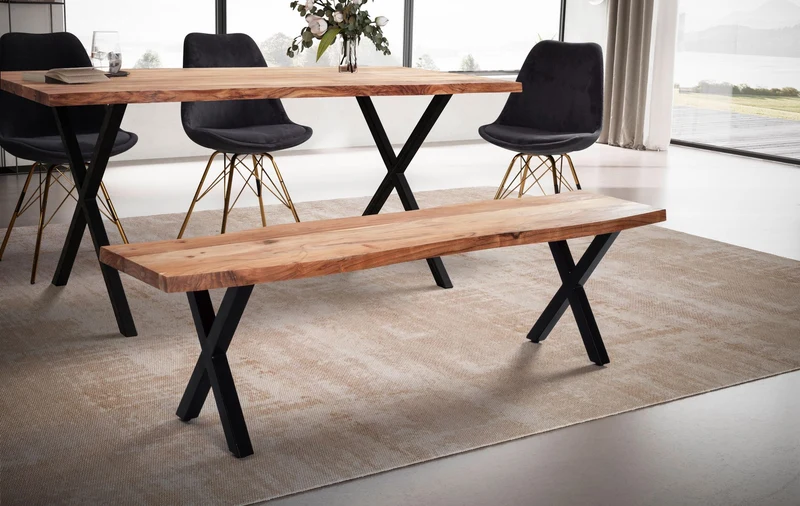 Esszimmerbank 160x40x45,5cm Akazie Massivholz Metall Baumkante Modern