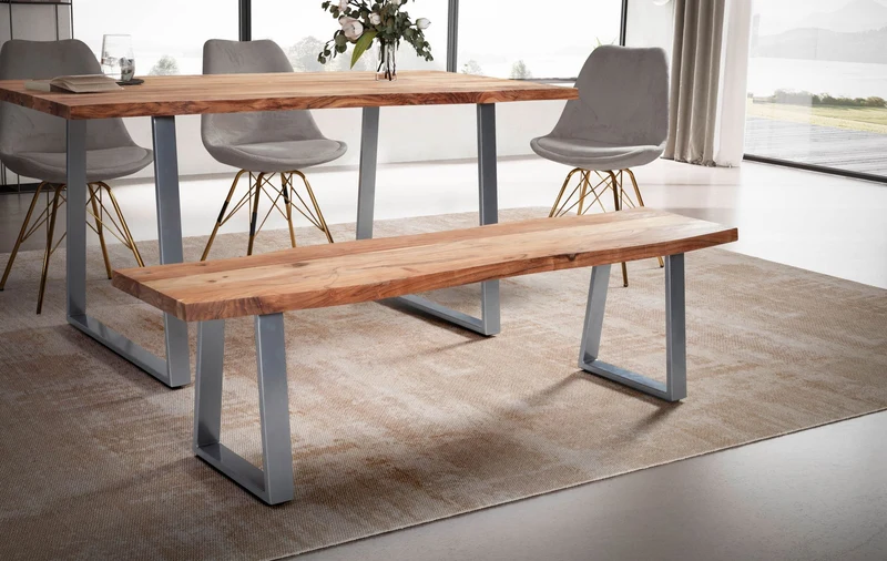 Esszimmerbank 160cm Akazie Massivholz Metall Baumkante Modern