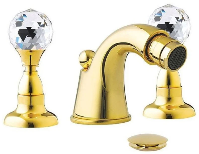 Casa Padrino Luxus Badewannen Armatur mit Swarovski Kristallglas Gold H. 5,5 cm - Dreilochbatterie mit Ablaufgarnitur - Luxus Bad Zubehör - Made in Italy