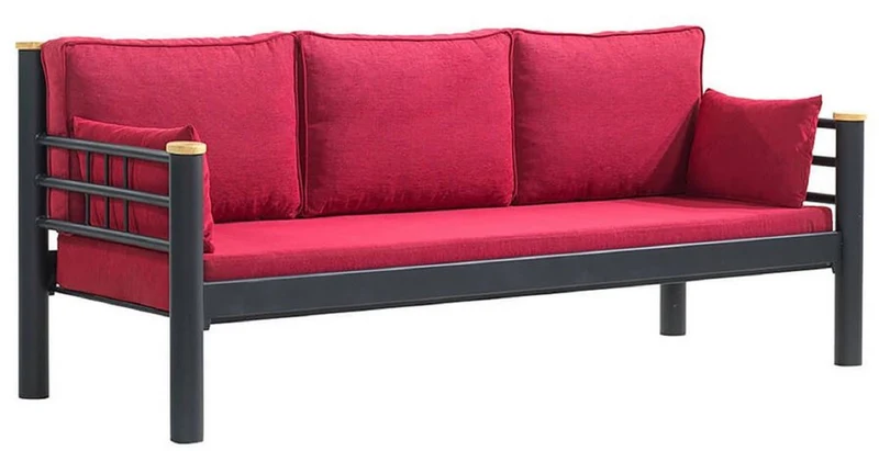 Casa Padrino Jugendstil Gartensofa Bordeauxrot / Grau / Naturfarben 200 x 70 x H. 85 cm - Metall Garten Sofa mit Kissen - Terrassen Sofa - Garten Möbel - Terrassen Möbel - Jugendstil Möbel