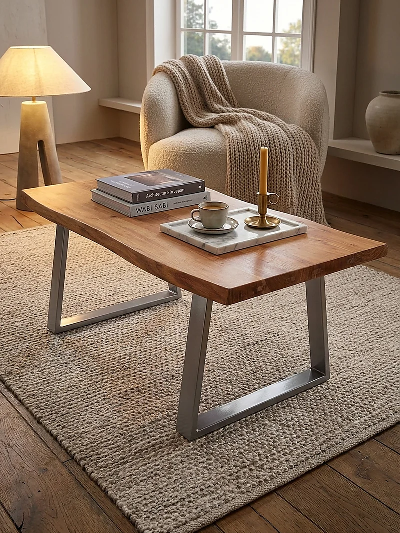 Couchtisch aus Akazie Massivholz mit Metall-Trapezbeinen und Baumkante im Design-Stil