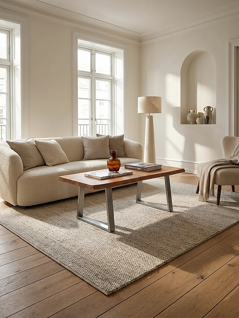 Couchtisch aus Akazie Massivholz mit Metall-Trapezbeinen und Baumkante im Design-Stil