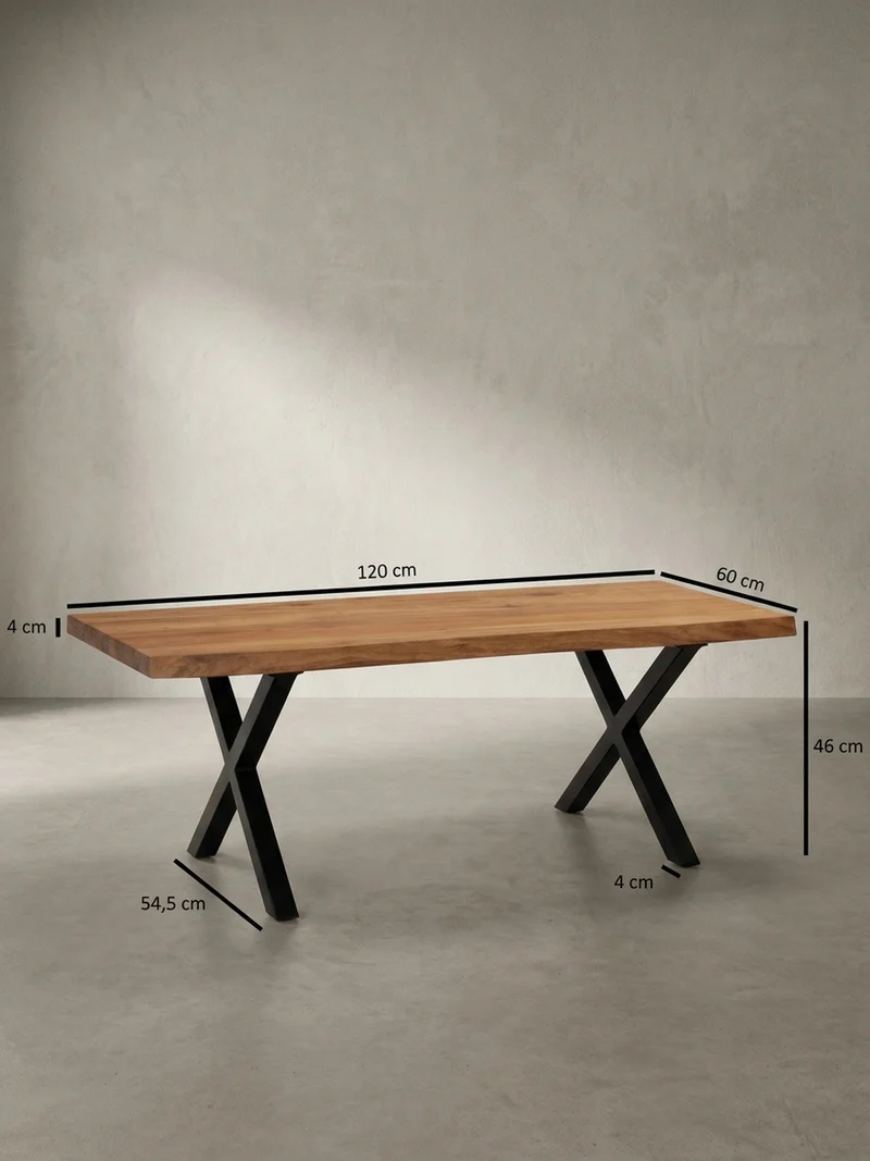Couchtisch Braun Massivholz Akazie Baumkante 120x60x46cm, Metallbeine X-Form