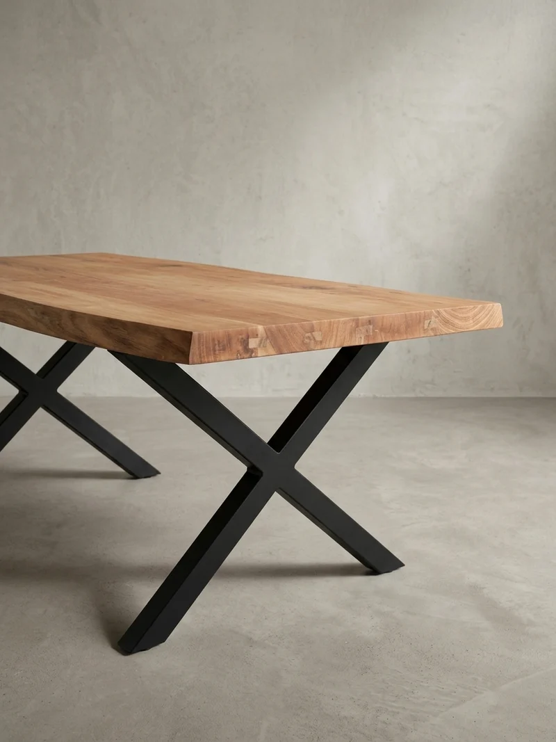 Couchtisch Braun Massivholz Akazie Baumkante 120x60x46cm, Metallbeine X-Form