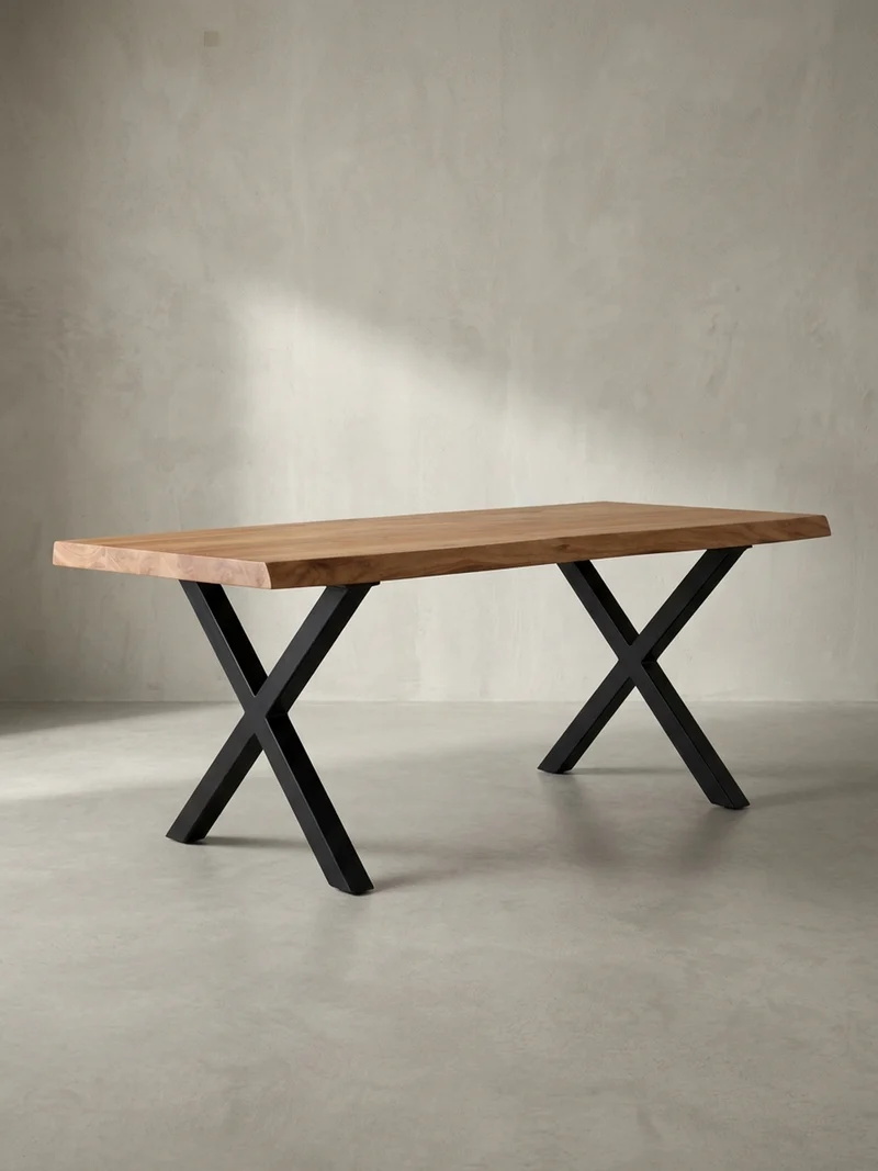 Couchtisch Braun Massivholz Akazie Baumkante 120x60x46cm, Metallbeine X-Form