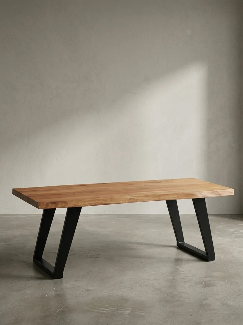 Couchtisch Braun Akazie Massivholz Baumkante 120x60x46 cm, Metallbeine U-Form