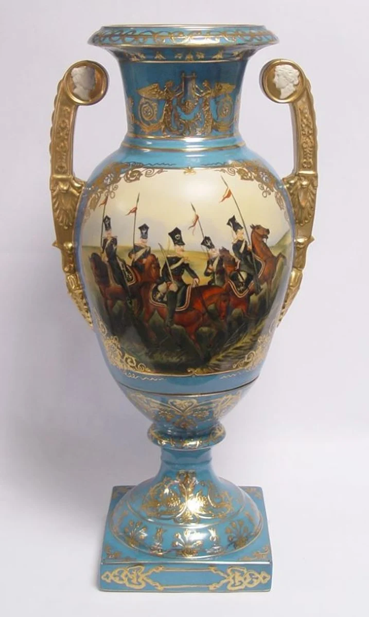 Casa Padrino Barock Porzellan Vase mit 2 Griffen in Hellblau und Gold, Höhe 55 cm - Luxuriöses Dekorationsstück
