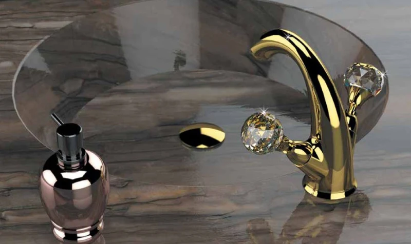 Casa Padrino Luxus Waschtisch Armatur mit Swarovski Kristallglas Gold H. 15 cm - Einlochbatterie mit Ablaufgarnitur - Luxus Bad Zubehör - Made in Italy