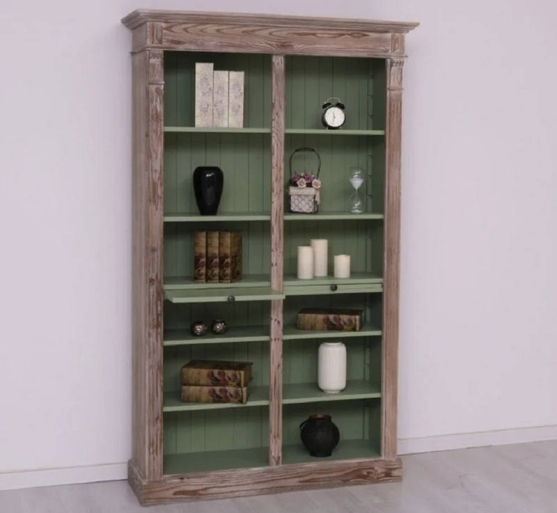 Casa Padrino Landhausstil Bücherschrank Braun / Grün 120 x 37 x H. 197 cm - Massivholz Schrank - Regalschrank - Wohnzimmerschrank - Landhausstil Möbel