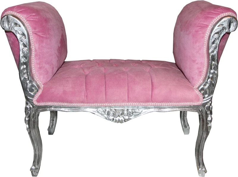 Casa Padrino Barock Schemel Hocker Rosa/Silber mit Bling Bling Glitzersteinen - Barock Sitzbank