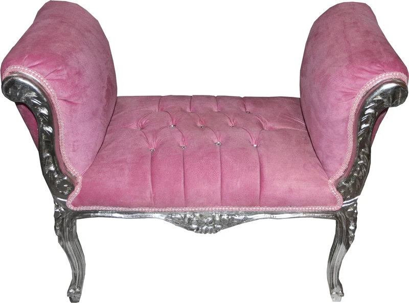 Casa Padrino Barock Schemel Hocker Rosa/Silber mit Bling Bling Glitzersteinen - Barock Sitzbank