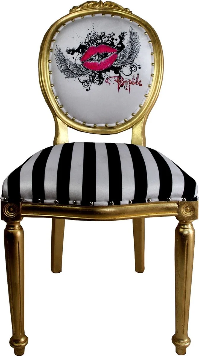 Pompöös by Casa Padrino Luxus Barock Esszimmerstühle Pink Lips Schwarz / Weiß Streifen / Gold - Pompööse Barock Stühle designed by Harald Glööckler - 6 Esszimmerstühle