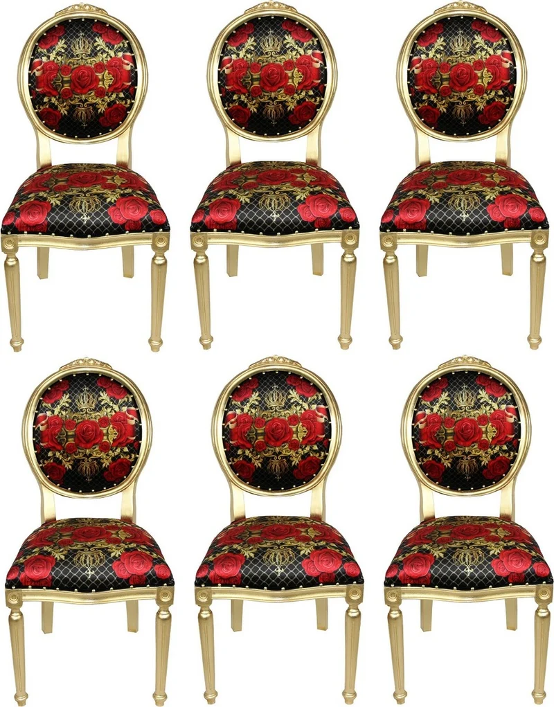 Pompöös by Casa Padrino Luxus Barock Esszimmerstühle Rosen Schwarz / Rot / Gold - Pompööse Barock Stühle designed by Harald Glööckler - 6 Esszimmerstühle