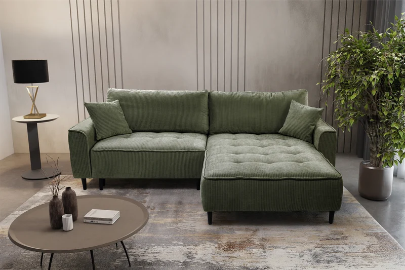 Ecksofa mit Schlafunktion Blues, L-förmig, rechtsseitig, mit Stauraum, Salbeigrüner Cordstoff