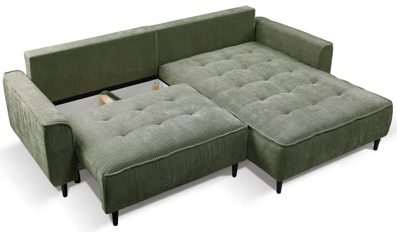 Ecksofa mit Schlafunktion Blues, L-förmig, rechtsseitig, mit Stauraum, Salbeigrüner Cordstoff
