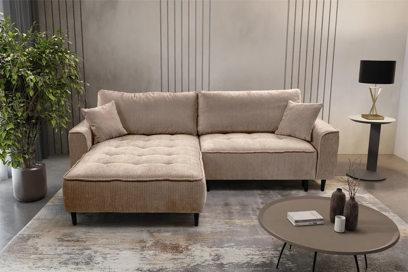 Ecksofa mit Schlafunktion Blues, L-förmig, linksseitig, mit Stauraum, beiger Cordstoff