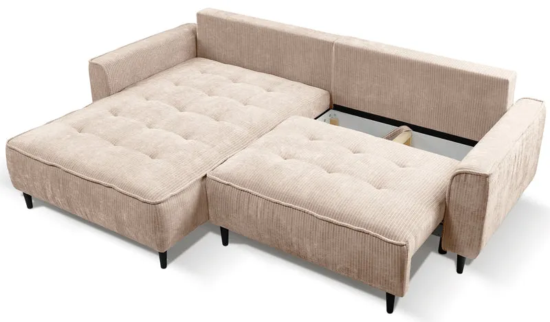 Ecksofa mit Schlafunktion Blues, L-förmig, linksseitig, mit Stauraum, beiger Cordstoff