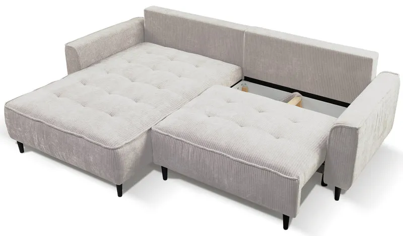 Ecksofa mit Schlafunktion Blues, L-förmig, linksseitig, mit Stauraum, hellbeige Cordstoff
